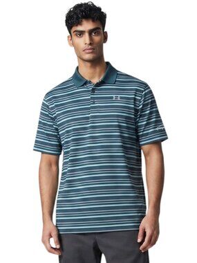 Under Armour Heatgear Golf Polo Mens Size XL Teal/Gray/Black Stripe EUC
